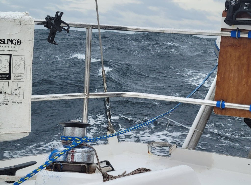 big ole waves crossing the gulf of maine. Looking back from a sailboat